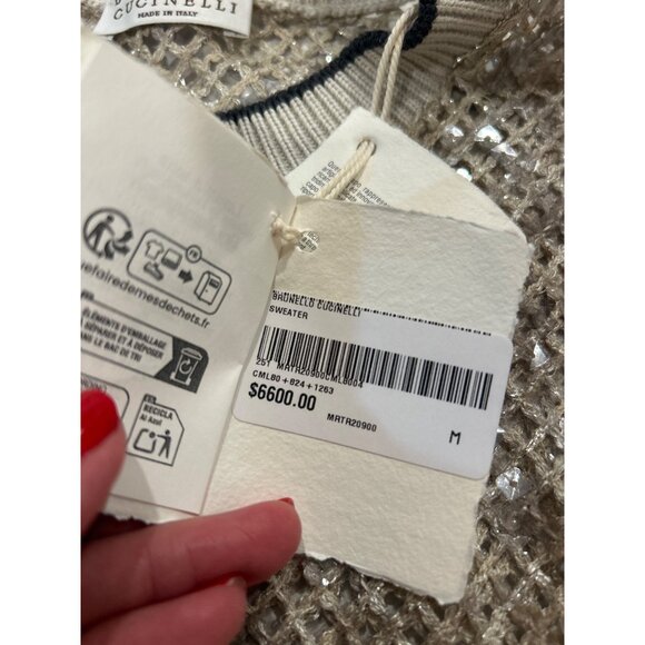BRUNELLO CUCINELLI Metallic Finish Open Knit Sweater Gray Size Medium $6,600 NWT - Picture 7 of 10